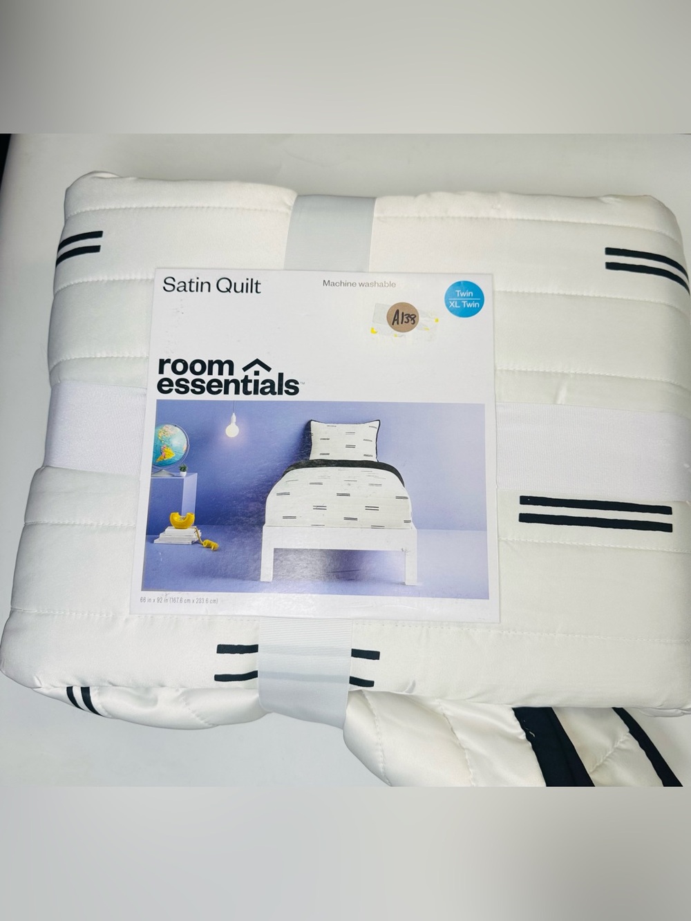 Room Essentials Satin Quilt Twin XL Twin White Black Stripe 66x92” Bedding